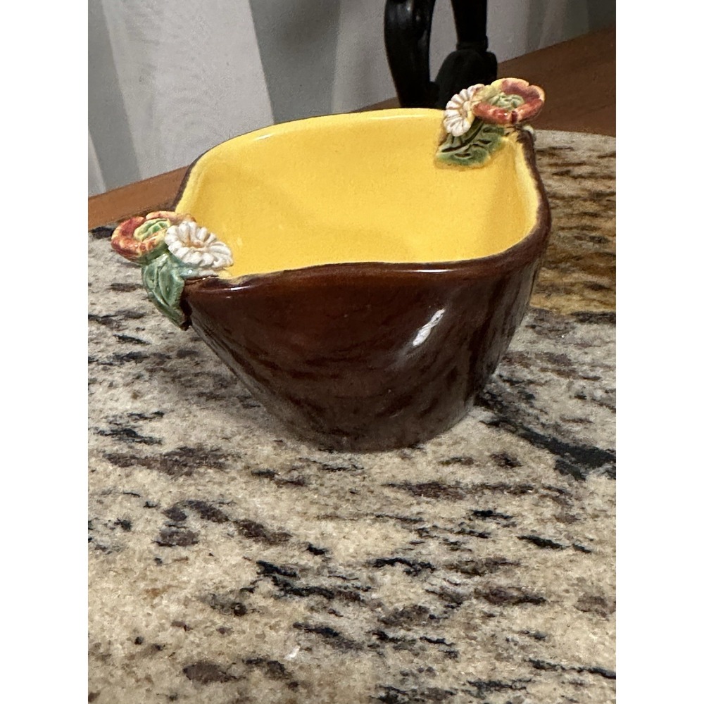 Tellem France Handcrafted Floral Bowl Yellow Glaze InteriorT Brown Glaze Outside